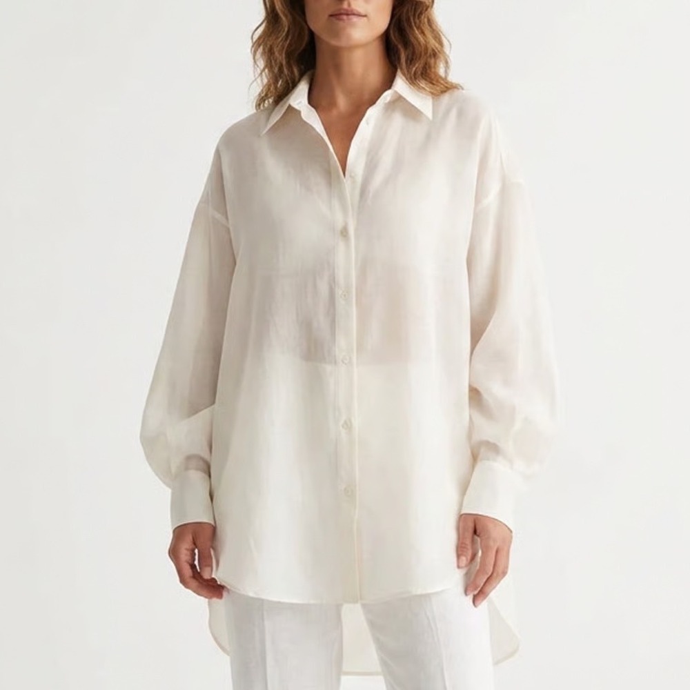 HM Womens Oversized Button Down Shirt Off White Collared Long Sleeve Size M